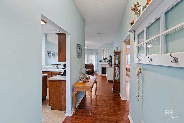 hall with baseboards, a sink, and wood finished floors