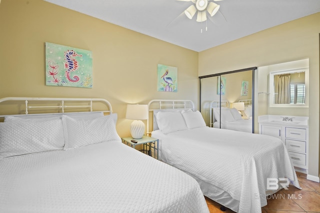 bedroom featuring tile patterned flooring, a ceiling fan, and a closet