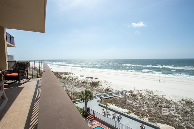 view of water feature with a beach view