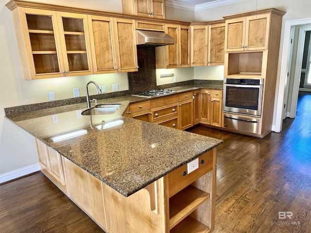 kitchen featuring under cabinet range hood, stainless steel appliances, a peninsula, a sink, and a warming drawer