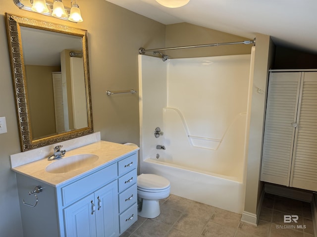 bathroom with bathing tub / shower combination, toilet, tile patterned floors, vanity, and a closet