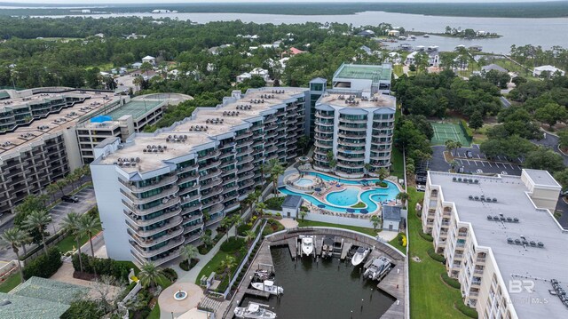 bird's eye view with a water view