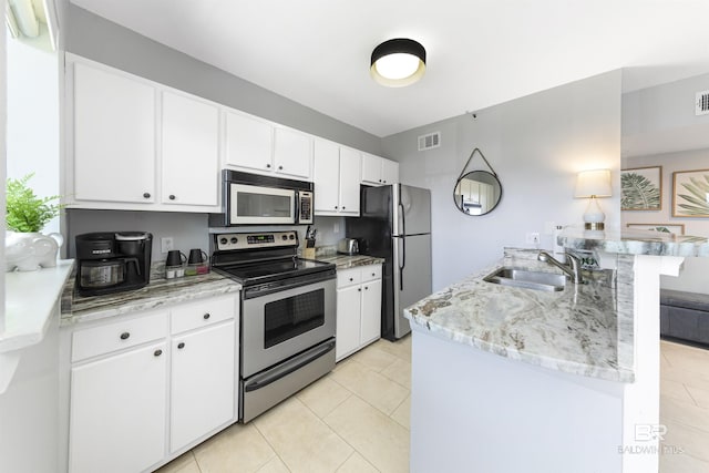 kitchen with sink, white cabinetry, light tile patterned flooring, kitchen peninsula, and stainless steel appliances