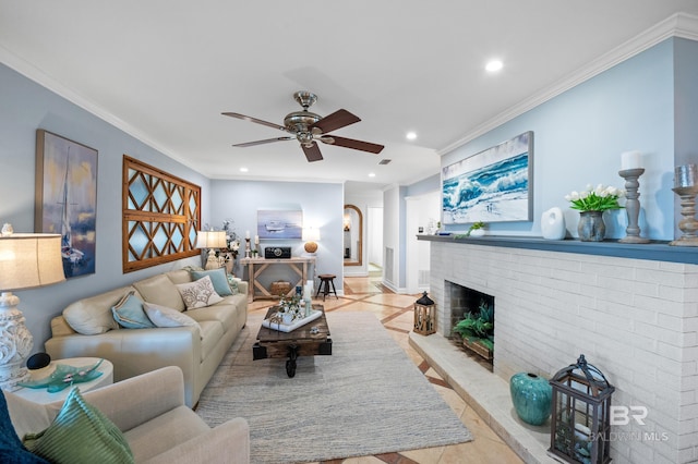 living room with recessed lighting, a brick fireplace, a ceiling fan, and crown molding