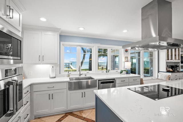 kitchen with appliances with stainless steel finishes, white cabinetry, a sink, and island range hood