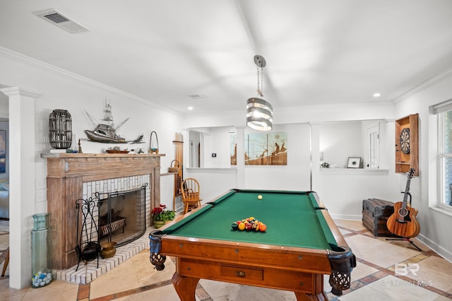 rec room featuring crown molding, recessed lighting, visible vents, baseboards, and ornate columns