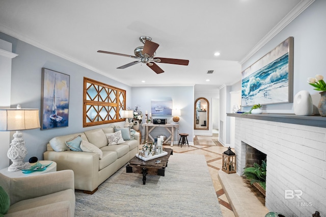 living area with a brick fireplace, baseboards, crown molding, and recessed lighting