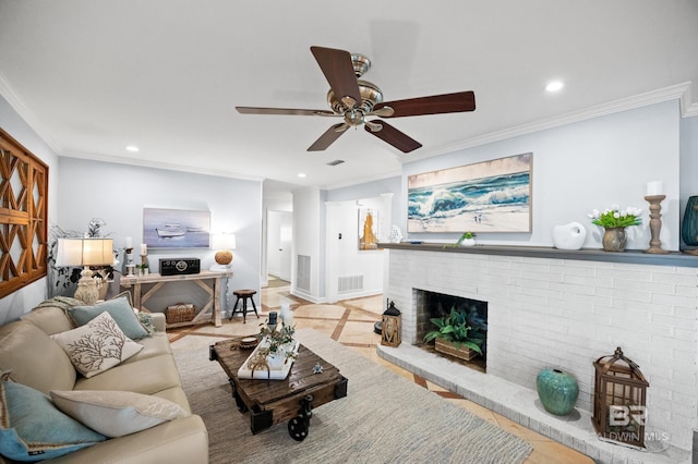 living area with ornamental molding, recessed lighting, a brick fireplace, and visible vents