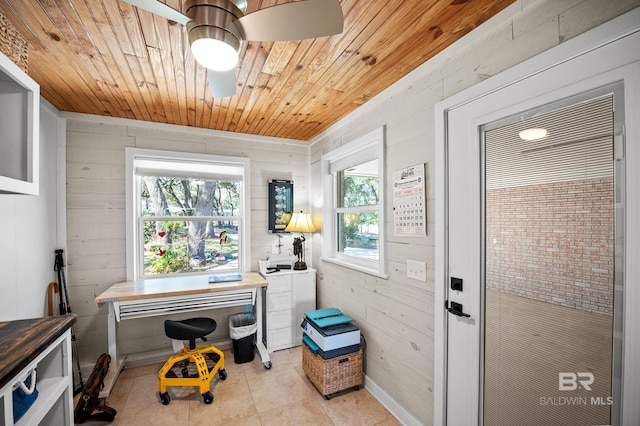 misc room featuring wooden ceiling, plenty of natural light, and wood walls