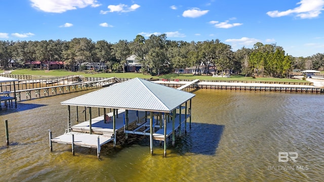 view of dock featuring a water view and boat lift