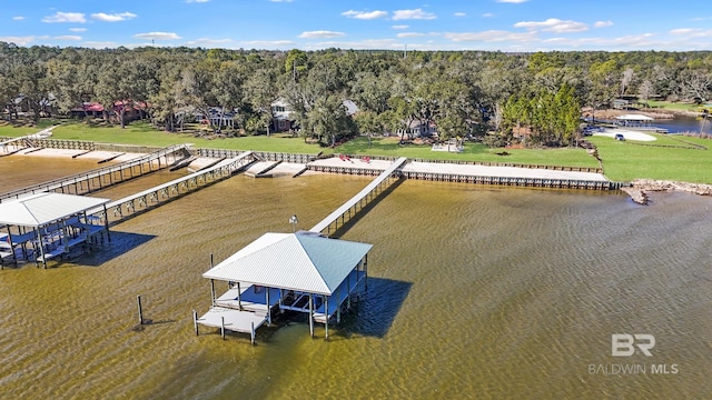 drone / aerial view with a forest view and a water view