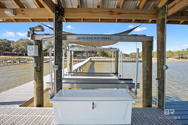 view of dock with a water view and boat lift