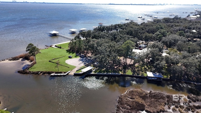 birds eye view of property featuring a water view