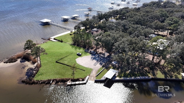 drone / aerial view featuring a water view