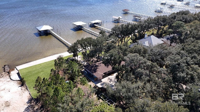 drone / aerial view with a water view