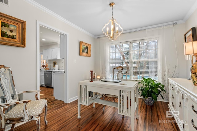 dining area with baseboards, visible vents, dark wood finished floors, ornamental molding, and a notable chandelier