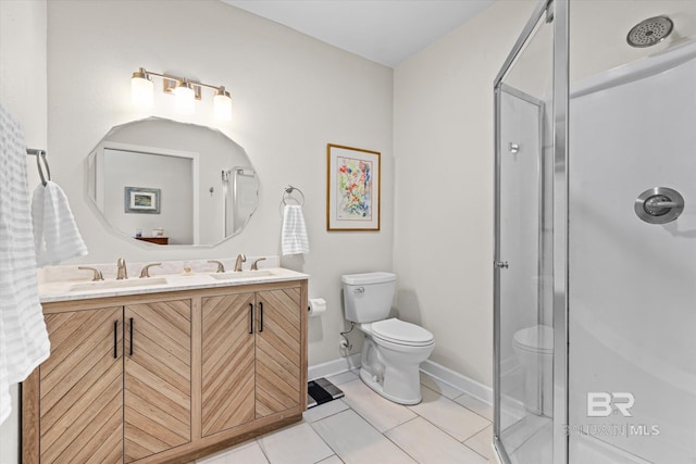 bathroom with tile patterned flooring, a sink, a shower stall, and toilet