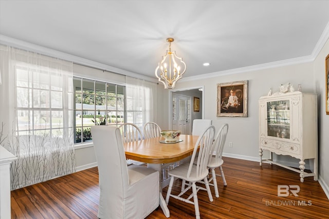 dining space featuring an inviting chandelier, baseboards, ornamental molding, and dark wood-style flooring