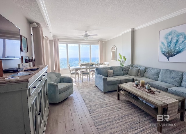 living room with wood-type flooring, a water view, ornamental molding, and a textured ceiling