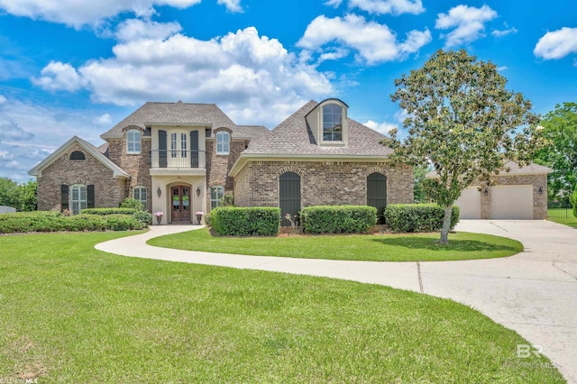 french country style house with a balcony, brick siding, a front lawn, and french doors