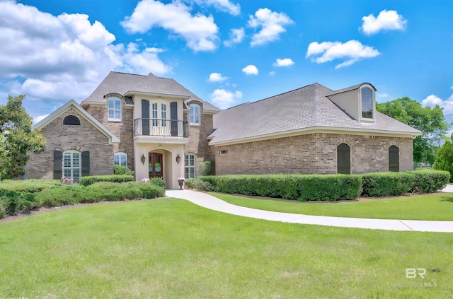 french country inspired facade with a front yard, brick siding, a balcony, and roof with shingles