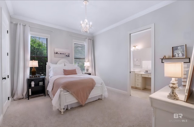 bedroom with connected bathroom, a notable chandelier, light carpet, baseboards, and ornamental molding