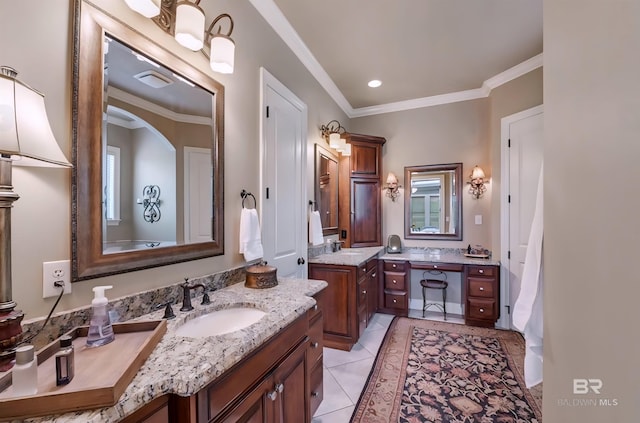 full bath with ornamental molding, tile patterned flooring, vanity, and recessed lighting