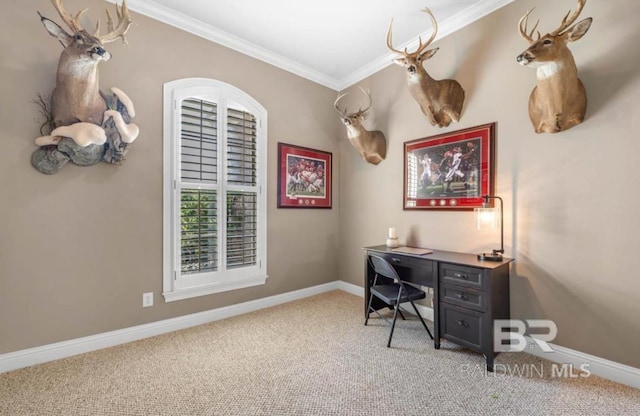 home office with light carpet, ornamental molding, and baseboards