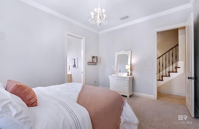 bedroom with crown molding, visible vents, light carpet, a chandelier, and baseboards