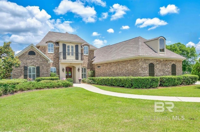 french country home with brick siding, a front lawn, and a balcony