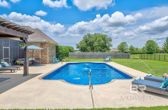 view of pool featuring a fenced backyard, a fenced in pool, a lawn, and a patio