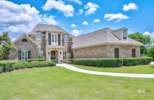 french provincial home featuring brick siding, a front lawn, and a balcony