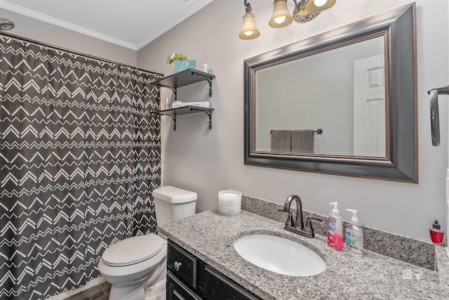 bathroom with walk in shower, ornamental molding, toilet, and vanity