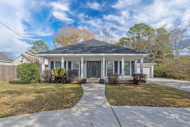 bungalow-style house with a garage, a porch, and a front lawn