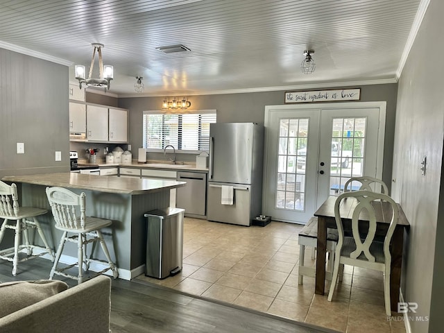 kitchen with a notable chandelier, appliances with stainless steel finishes, plenty of natural light, and a sink
