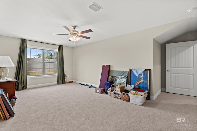 rec room with visible vents, carpet floors, baseboards, and a ceiling fan