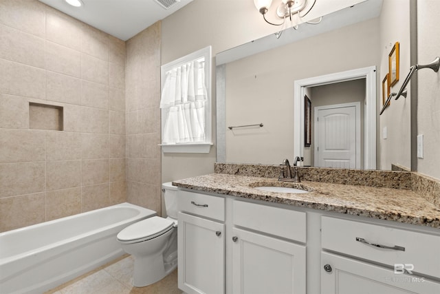 full bath with vanity, visible vents, shower / tub combination, tile patterned floors, and toilet