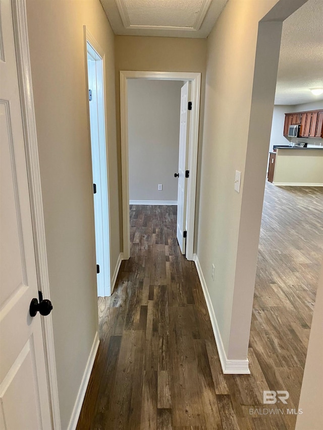 corridor with a textured ceiling and dark hardwood / wood-style flooring