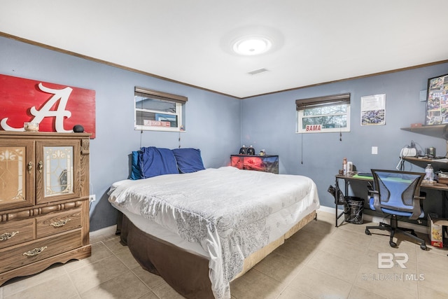 tiled bedroom featuring crown molding