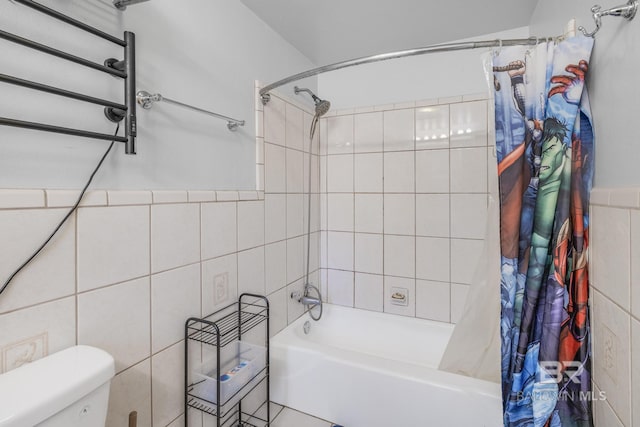 bathroom featuring tile walls, toilet, and shower / bath combo