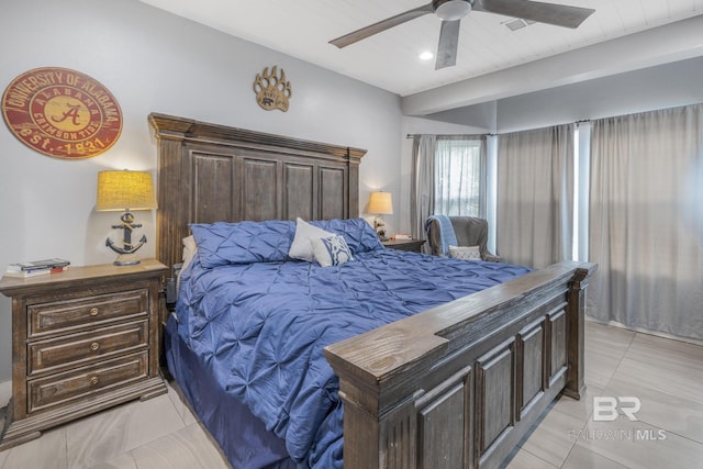 bedroom with light tile patterned floors and ceiling fan