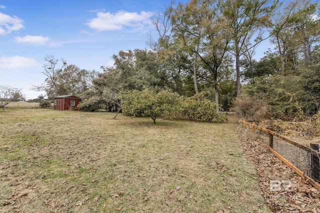 view of yard featuring a storage shed