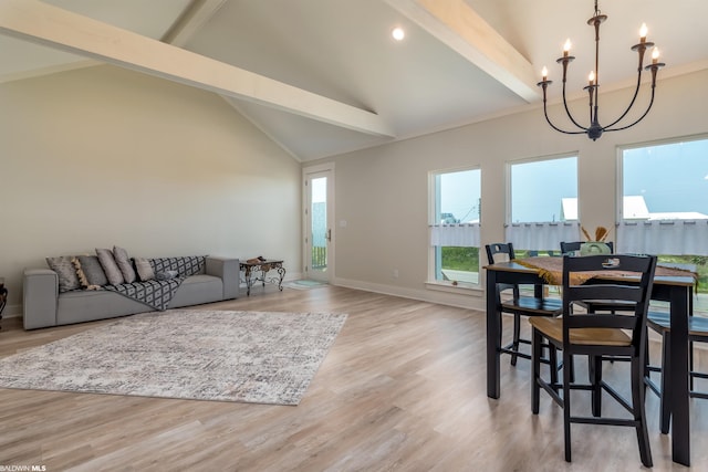 dining room featuring high vaulted ceiling, light hardwood / wood-style floors, a notable chandelier, and beamed ceiling