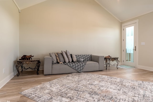 living room with high vaulted ceiling and light hardwood / wood-style floors