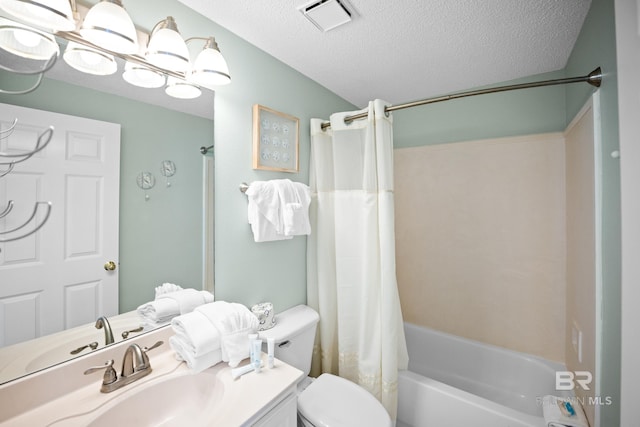 full bathroom with a textured ceiling, toilet, shower / bath combination with curtain, and vanity