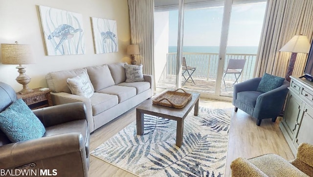 living room with a water view, a healthy amount of sunlight, and light hardwood / wood-style floors