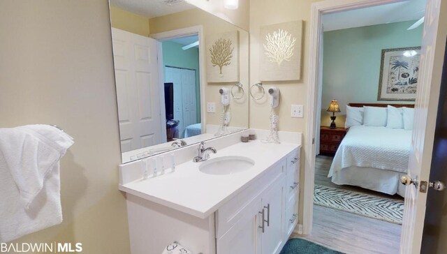 bathroom with oversized vanity and hardwood / wood-style floors