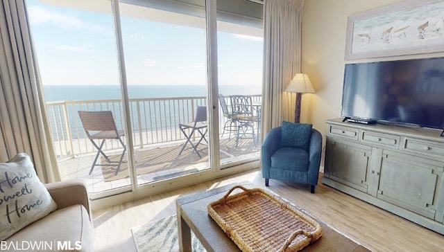 living room featuring light hardwood / wood-style flooring, a water view, and a healthy amount of sunlight