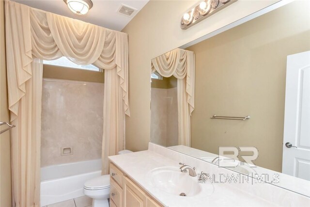 full bathroom featuring tile patterned flooring, shower / bath combination with curtain, toilet, and vanity