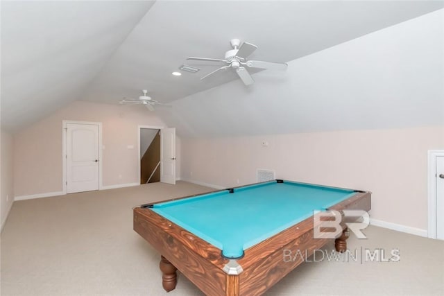 playroom with billiards, ceiling fan, carpet floors, and vaulted ceiling